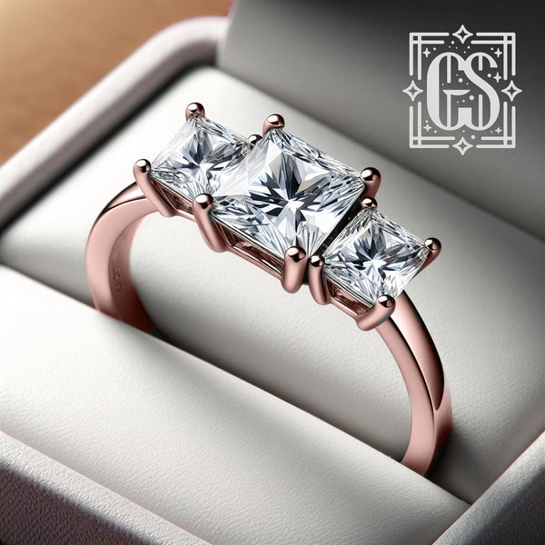 14k Rose Gold Princess Cut Diamond Engagement Ring Gold Lab Grown Diamond Moissanite Three Stone Engagement Ring Moissanite Ring Rose Gold