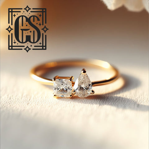 14k Yellow Gold Minimalist Engagement Ring Gold Created Diamond Two Stone Engagement Ring Minimalist Diamond Ring Yellow Gold