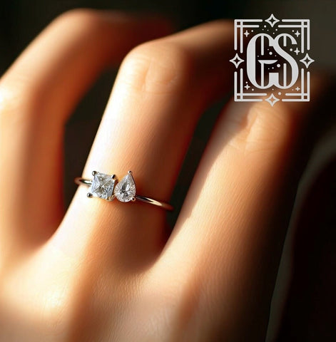 14k White Gold Minimalist Engagement Ring Gold Created Diamond Two Stone Engagement Ring Minimalist Diamond Ring White Gold