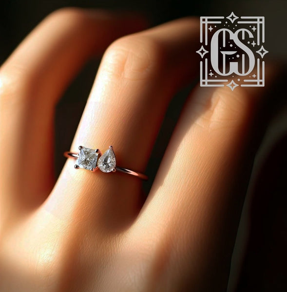 14k Rose Gold Minimalist Engagement Ring Gold Created Diamond Two Stone Engagement Ring Minimalist Diamond Ring Rose Gold