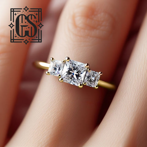 14k Yellow Gold Princess Cut Diamond Engagement Ring Gold Lab Grown Diamond Three Stone Engagement Ring Moissanite Ring Yellow Gold