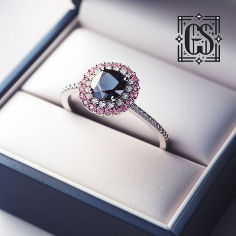 Black Diamond Halo Engagement Ring White Gold Double Halo Pink Diamond Engagement Ring Black Diamond Ring Black Diamond Gold White Gold