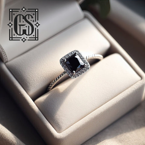 Dainty Black Diamond Halo Engagement Ring Princess Cut Black Diamond Halo Minimalist Engagement Ring Square Black Diamond Ring White Gold