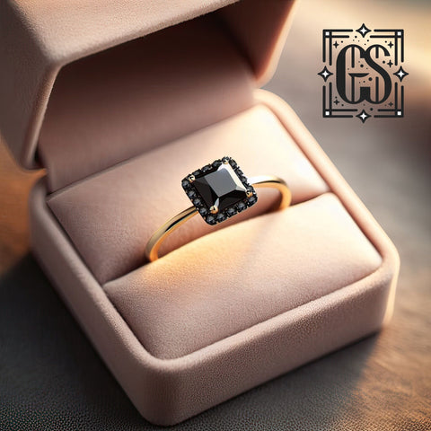 Dainty Black Diamond Halo Engagement Ring Princess Cut Yellow Gold Black Diamond Halo Minimalist  Ring Square Black Diamond Ring Yellow Gold