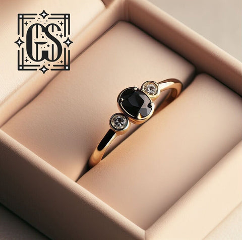 Handcrafted Black Diamond Oval Engagement Ring Princess Cut Yellow Gold Black Diamond Oval Minimalist Organic Black Diamond Ring Yellow Gold